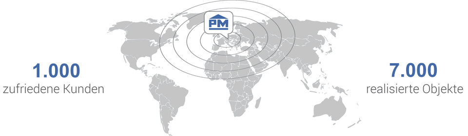 Weltkarte mit Anzahl der Kunden und Referenzobjekten der Firma Paul Meister